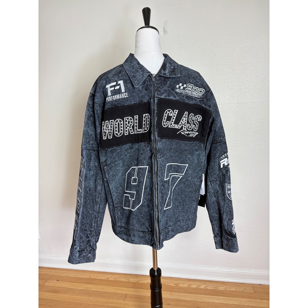 Copper Rivet World Class Racing Moto Zip Up Acid Wash Denim Jacket Size Large